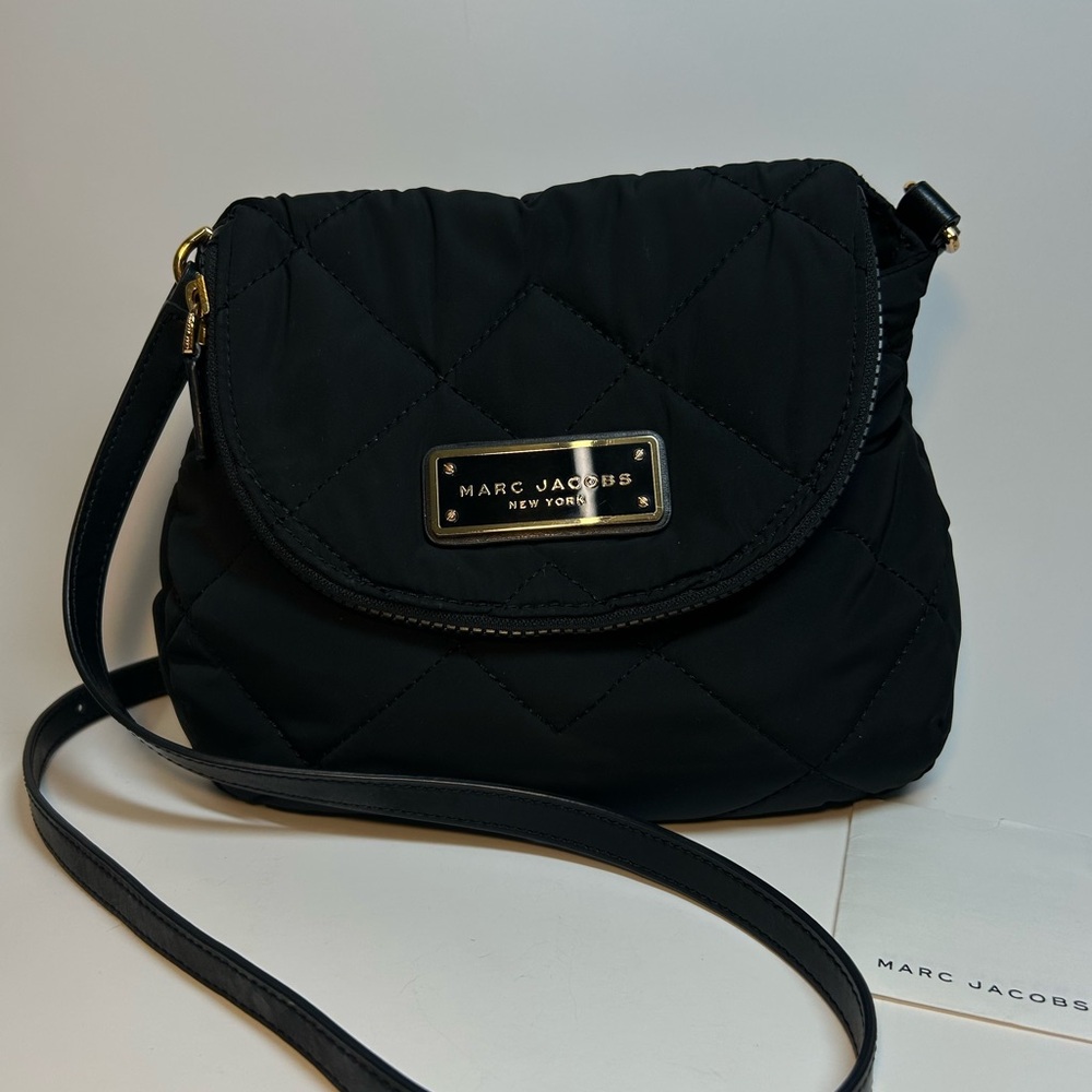 Marc Jacobs Black Quilted Nylon Crossbody with Gold Plaque